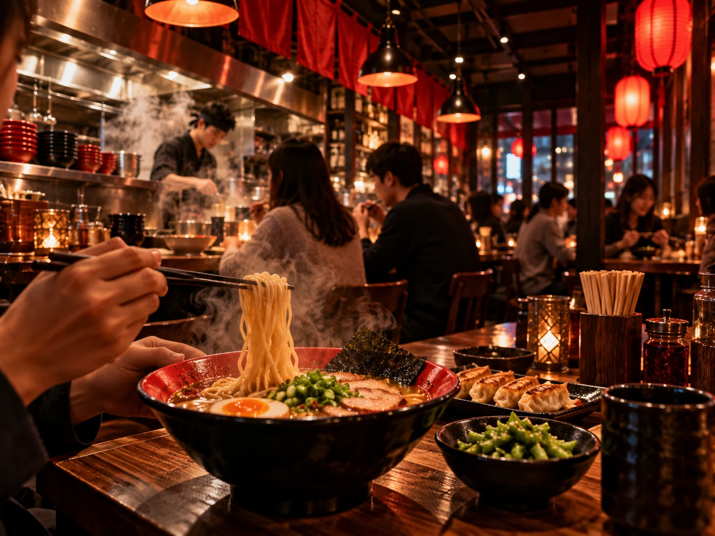 温暖灯光下食客享用拉面的室内就餐氛围