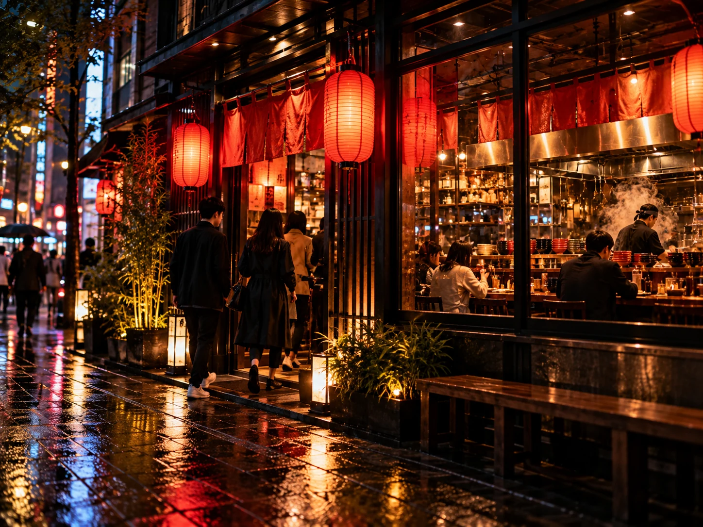 雨夜街头带有暖光与红灯笼的小馆门店外景